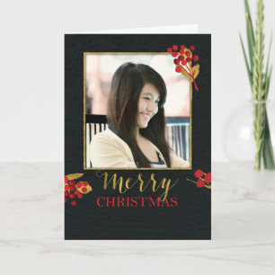 Photo Customizable Christmas Card, Black with Gold Holiday Card