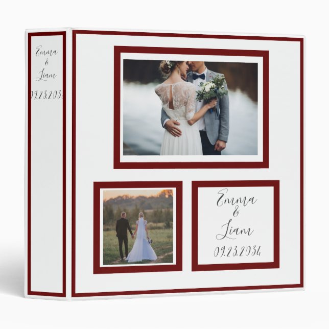 Photo Customized Burgundy Names Wedding Keepsake 3 Binder (Front/Spine)