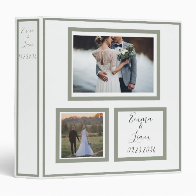 Photo Customized Sage Green Names Wedding Keepsake Binder (Front/Spine)