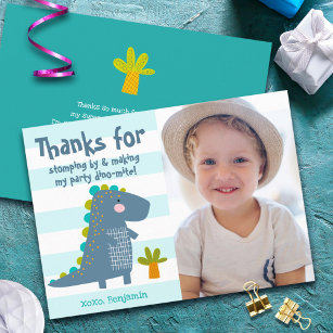 Photo Cute Blue Dinosaur Kawaii Fun Boy Birthday Thank You Card
