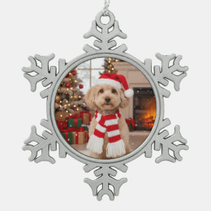 Photo Cute Cavapoo Dog Santa Hat Snowflake Pewter Christmas Ornament