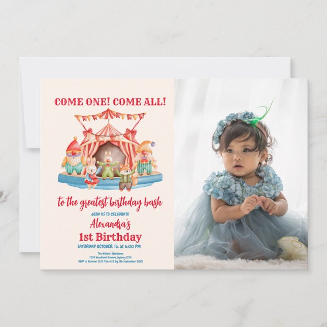 Photo Cute Circus Carnival Festival 1st Birthday Invitation (Front)