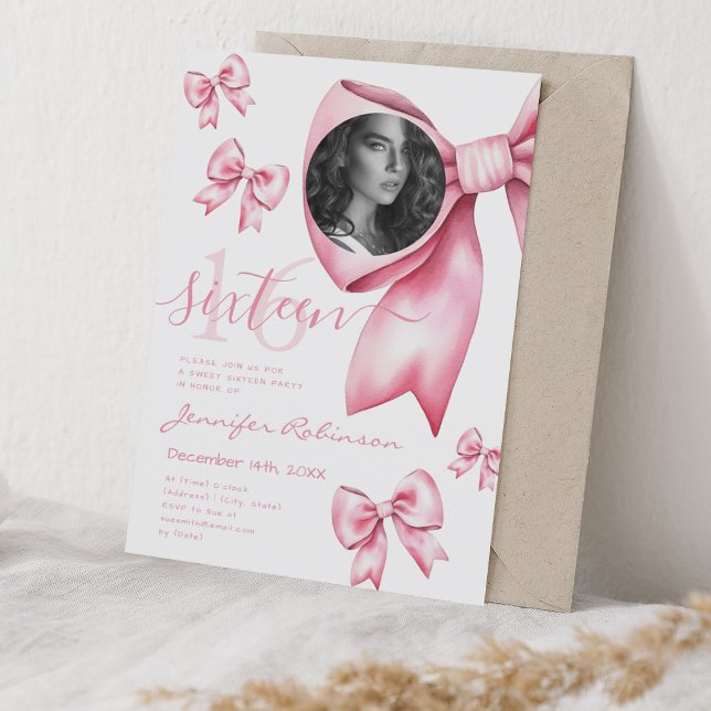 PHOTO Cute Coquette Blush Pink Bow Sweet 16  Invitation (PHOTO Cute Coquette Blush Pink Bow Sweet 16 Invitation)