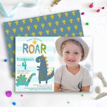 Photo Cute Dinosaurs Stomp Chomp Roar Boy Birthday Invitation<br><div class="desc">“Stomp, chomp and roar”. Here’s a great way to celebrate your child’s birthday with friends and family. Send out this cute, fun, simple, festive, modern, personalized photo birthday party invitation. A fun, whimsical, playful visual of a cute, bold, kawaii, turquoise blue brontosaurus, navy teal blue t-rex, and fun, handwritten typography...</div>