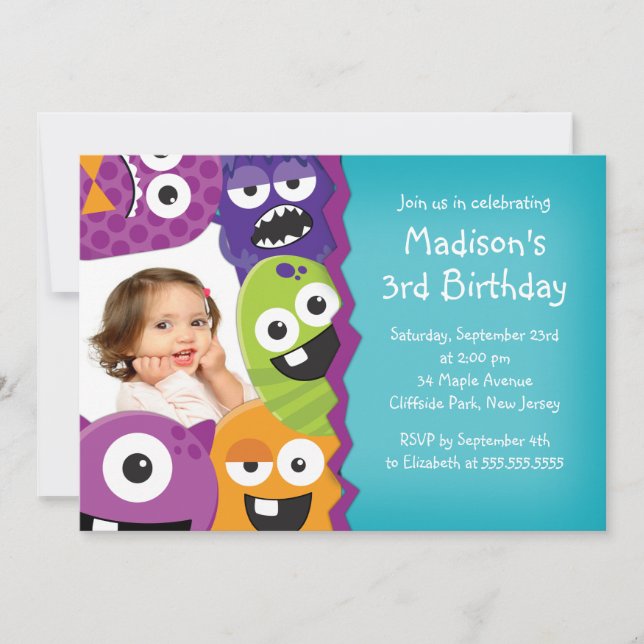Photo Cute Monster Invitations à la fête d'anniver (Devant)
