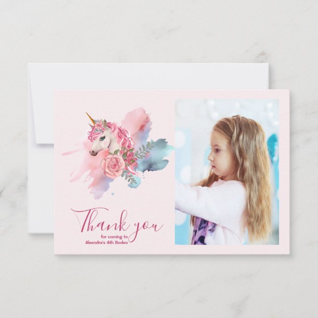 Photo Cute Unicorn Rainbow Birthday Party Thank You Card (Front)