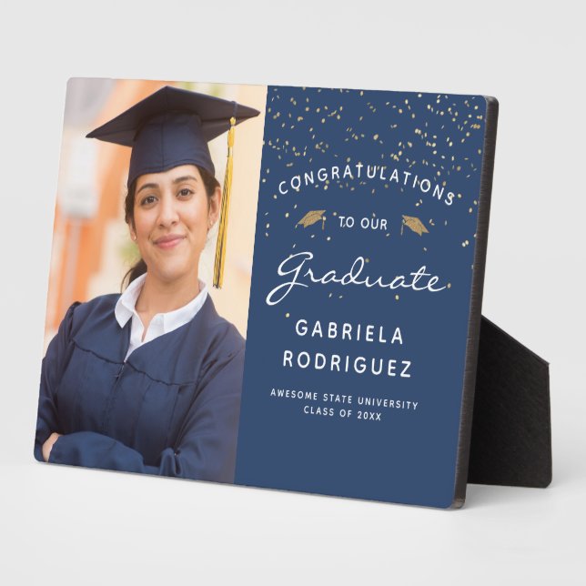 Photo Dark Blue White Gold Graduation Keepsake Plaque (Side)