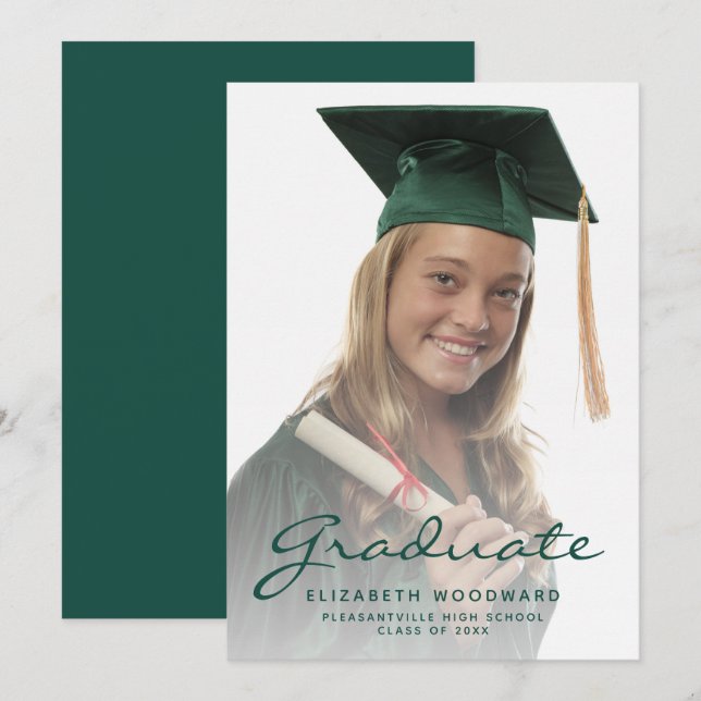 Photo Dark Green Script Graduation Faire-part (Devant / Derrière)