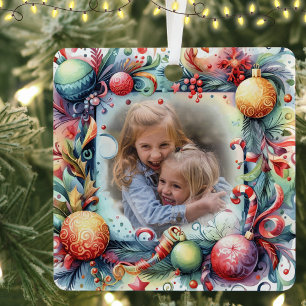 Photo Date Colourful Christmas Wreath Holiday Metal Ornament