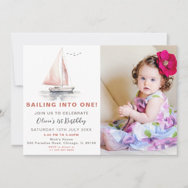 Photo de bateau à voile rose modifiable Invitation (Devant)