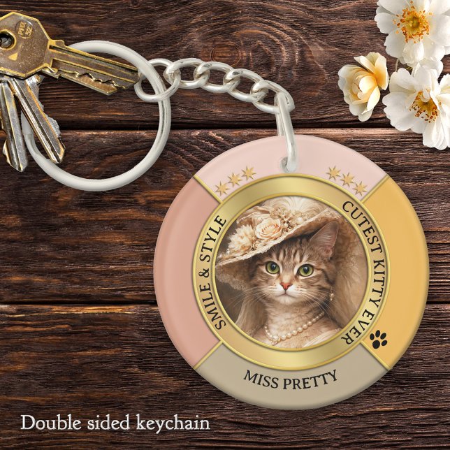 Photo de chat chic rose magnifique  (Elegant feminine keychain featuring your custom cat photo framed by pink terra cotta and gold design)