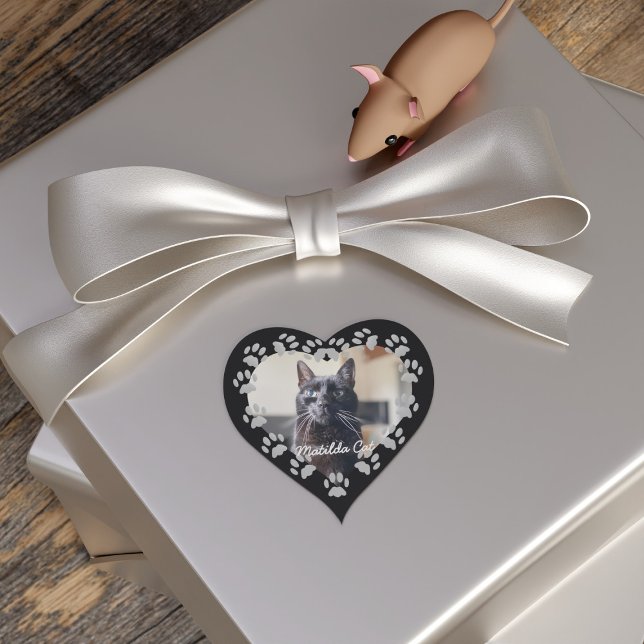 Photo de chat Sticker Coeur du cadre Empreinte de  (Purrfect sticker to upload your black cat photo to. Just add your name)