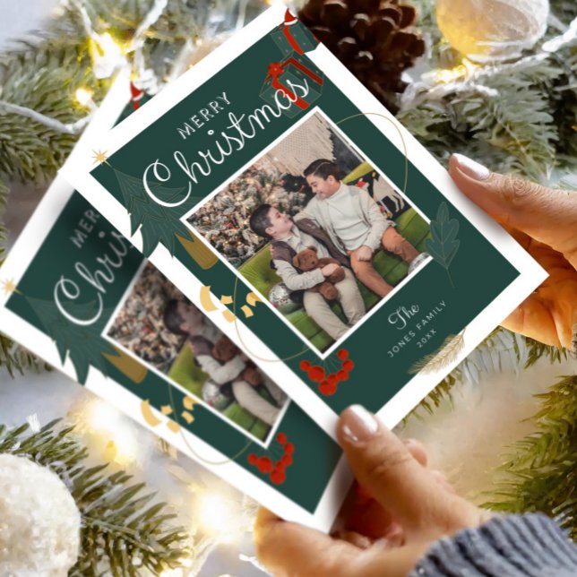 Photo de famille pour carte de Noël verte festive (Christmas Card Photo EditableTemplate , Boho Holiday Card , Unique Merry Christmas Family Printable )