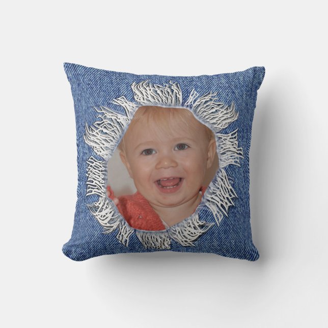 Photo de famille sur un coussin denim (Recto)