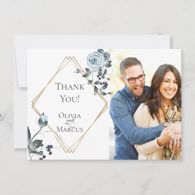 Photo de mariage Merci  |  Floral Bleu Poussiéreux (Devant)