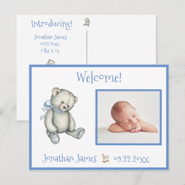 Photo de naissance bleue Ours de bébé Faire-part (Devant / Derrière)