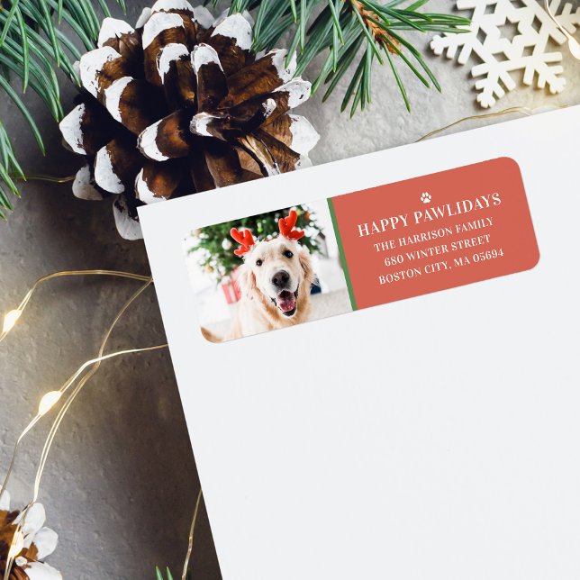Photo de Noël de chien Happy Pawlidays Adresse (Dog Christmas Photo Happy Pawlidays Address Label)
