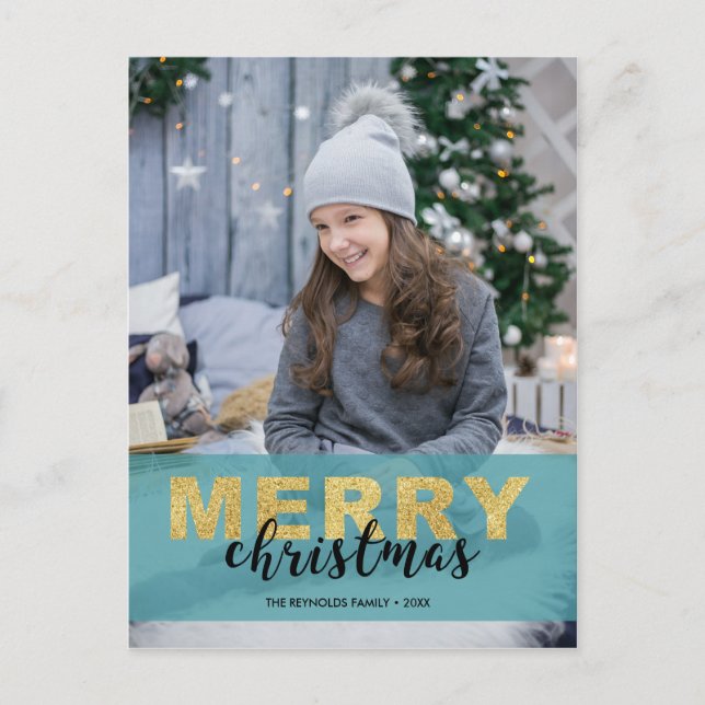 Photo de Noël Joyeux bleu or moderne - Carte posta (Devant)