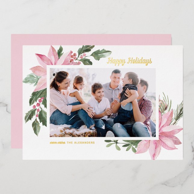 Photo de vacances joyeuses avec poinsettias roses  (Recto/Verso)