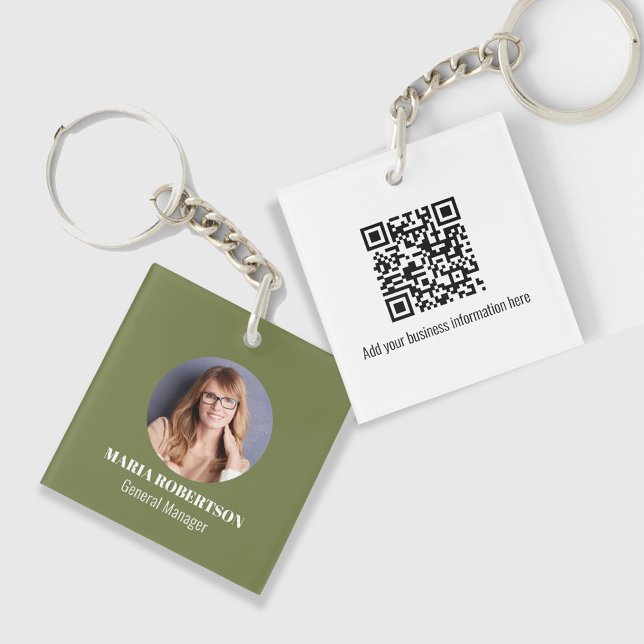 Photo d'entreprise verte personnalisée (Green Photo ID keychain with QR code template.)