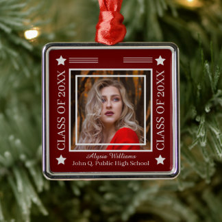 Photo Dk Red | Silver Class Year Graduation Metal Ornament