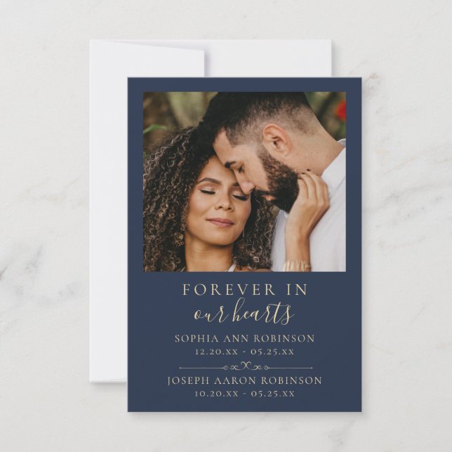 Photo Double Memorial Gold Blue Prayer Card  (Front)