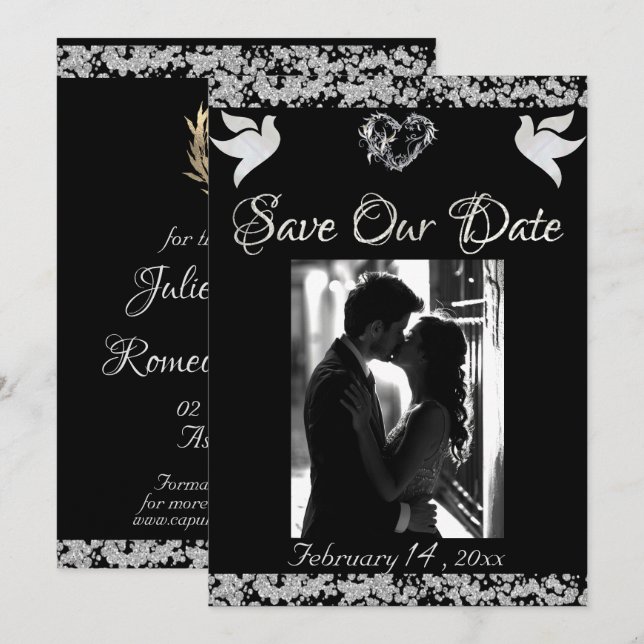 Photo, Doves, Silver Heart & Glitter - Black Save The Date (Front/Back)