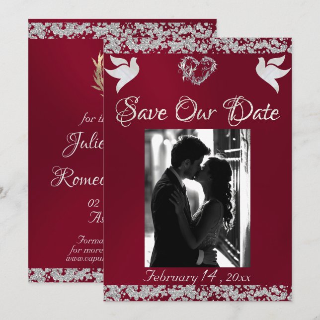 Photo, Doves, Silver Heart & Glitter - Burgundy Save The Date (Front/Back)