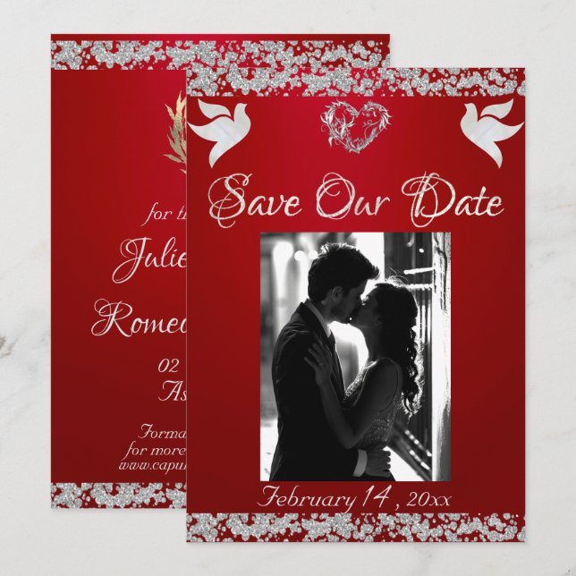 Photo, Doves, Silver Heart & Glitter - Crimson Red Save The Date (Front/Back)