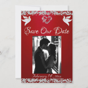Photo, Doves, Silver Heart & Glitter - Crimson Red Save The Date