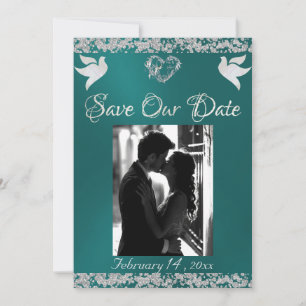 Photo, Doves, Silver Heart & Glitter - Teal Save The Date