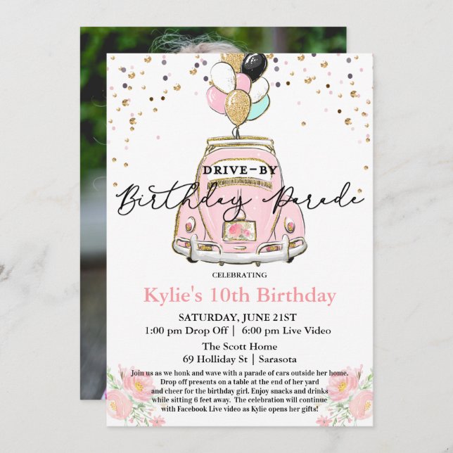 PHOTO - Drive By Birthday Party Invitation (Front/Back)