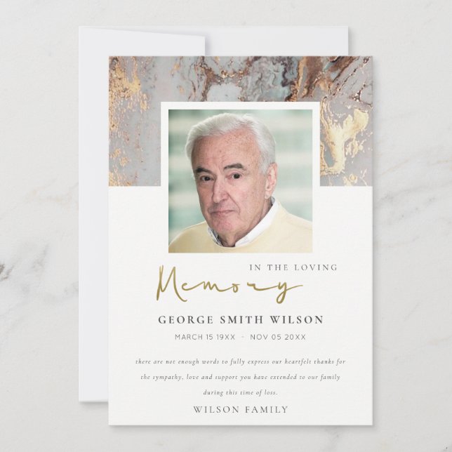 PHOTO DUSKY GREY GOLD AGATE SYMPATHY MEMORIAL THANK YOU CARD (Front)