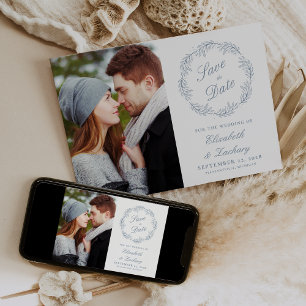 Photo Dusty Blue Botanical Wreath Save the Date Invitation