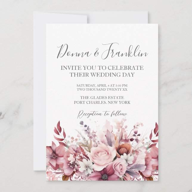  Photo Dusty Rose Pink QR Code Wedding Invitation (Front)