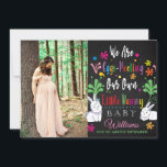 Photo Easter Pregnancy Announcement<br><div class="desc">Modern,  colorful Easter pregnancy announcement. This colorful card features single photo of the mom to be or parents to be on a chalkboard background,  colorful typography script ''we are eggs-pecting  our own little bunny'' ,  family name and due date. Personalize further with your Easter Greetings on the back.</div>