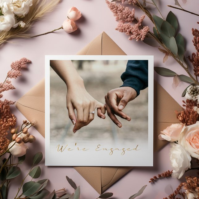 Photo, écriture or engagé faire-part ('Engaged' photo card! Featuring beautiful decorative script in a stunning gold effect text.)
