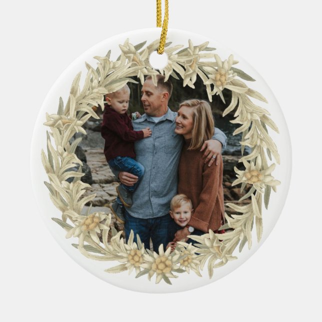 Photo Edelweiss Alpine Floral Wreath  Ceramic Ornament (Front)