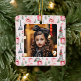 Photo Eiffel Tower Paris Chic Pink Christmas Ceramic Ornament