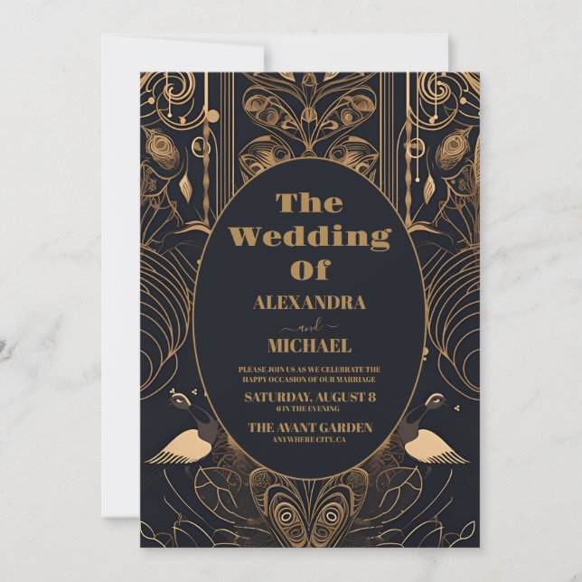 Photo Elegant Art Deco Peacocks Wedding Invitation (Front)