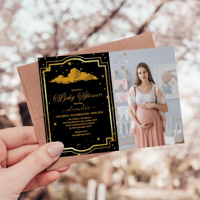 Photo Elegant Black Gold Celestial Baby Shower Invitation (Creator Uploaded)