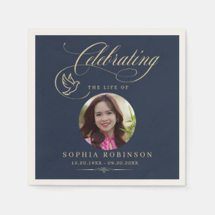 Photo Elegant Blue Gold Dove Funeral Memorial Napkin