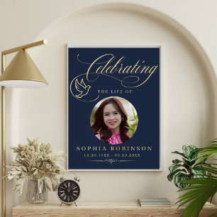 Photo Elegant Blue Gold Dove Funeral Memorial  Poster