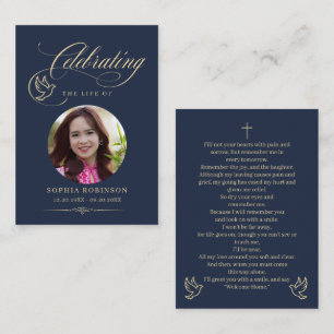 Photo Elegant Blue Gold Dove Funeral Prayer Cards