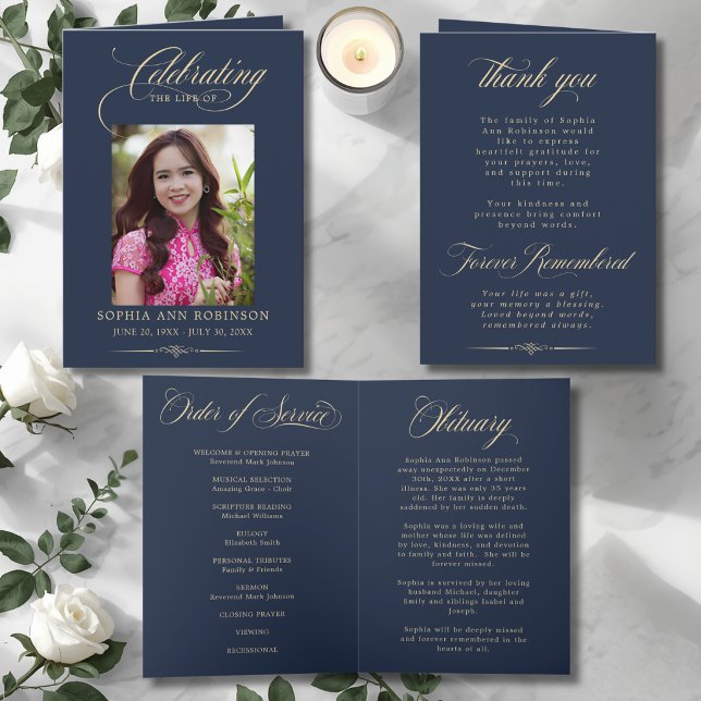 Photo Elegant Blue Gold Funeral Keepsake Program (Creator Uploaded)