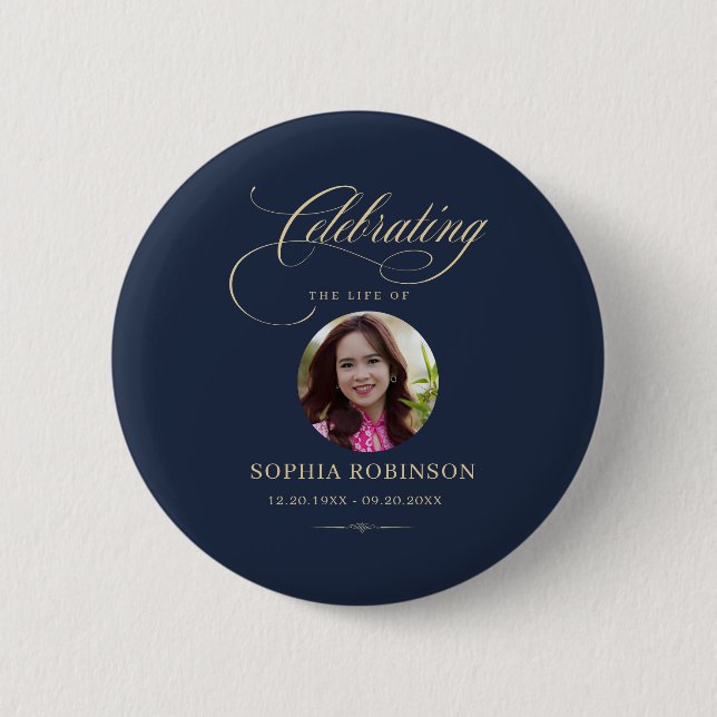 Photo Elegant Blue Gold Script Funeral Memorial  2 Inch Round Button (Front)
