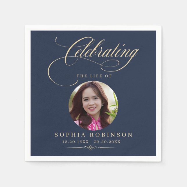 Photo Elegant Blue Gold Script Funeral Memorial  Napkin (Front)