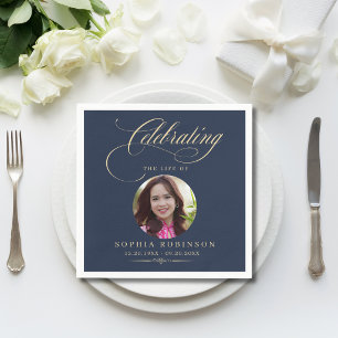 Photo Elegant Blue Gold Script Funeral Memorial  Napkin
