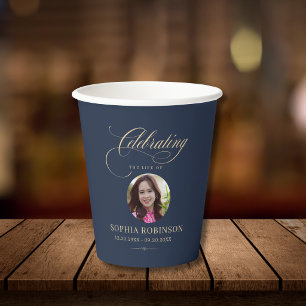 Photo Elegant Blue Gold Script Funeral Memorial Paper Cups