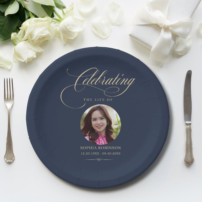 Photo Elegant Blue Gold Script Funeral Memorial  Paper Plate (Creator Uploaded)